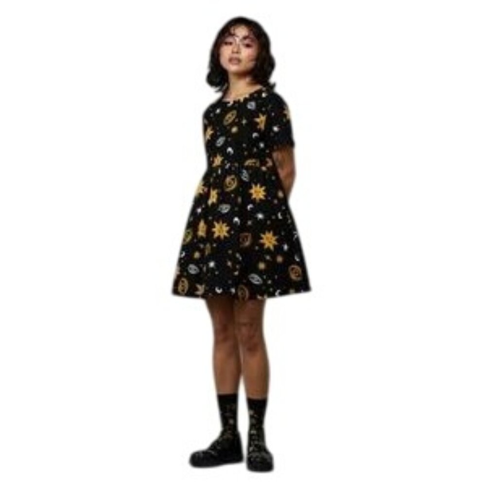 Black Friday Size 6 Cosmic Print Mini Black Gold White Corduroy Dress NWT